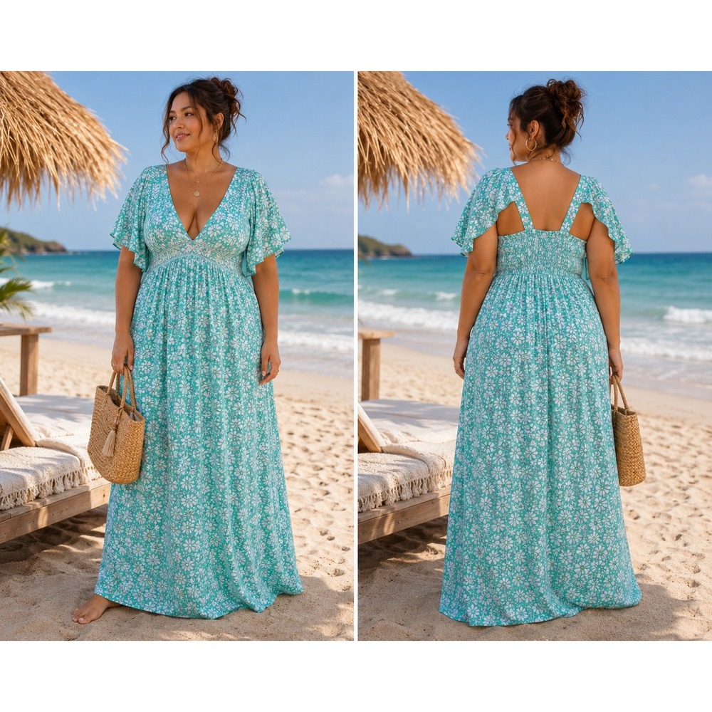 Cabana Life Women XL Maxi Dress Teal Deep V Flutter Sleeve UV Protection Floral